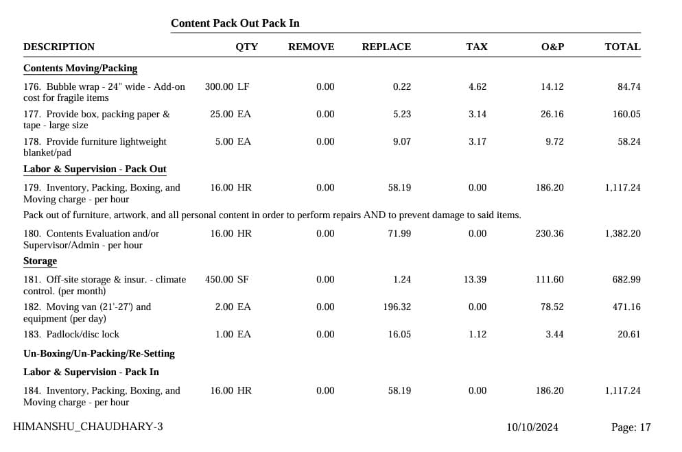 Page from a delivered Xactimate estimate: itemized lines with quantity, remove, replace, tax, O&P and totals